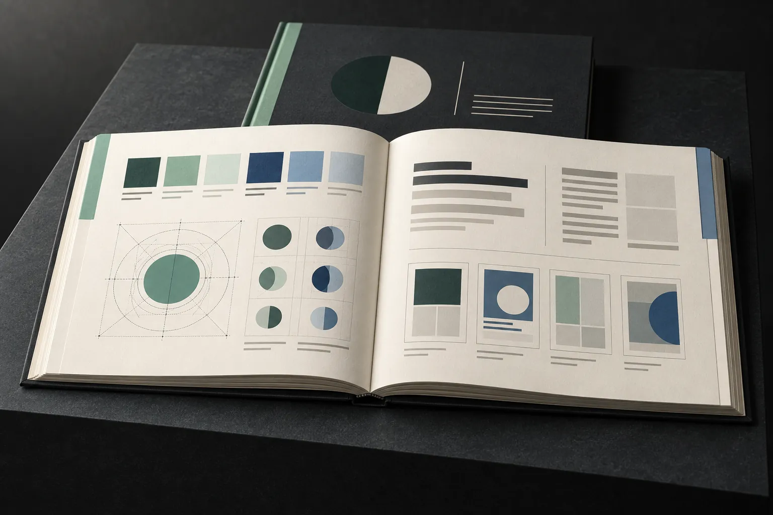 Open conceptual brand manual with colour systems, spacing guides and layout grids