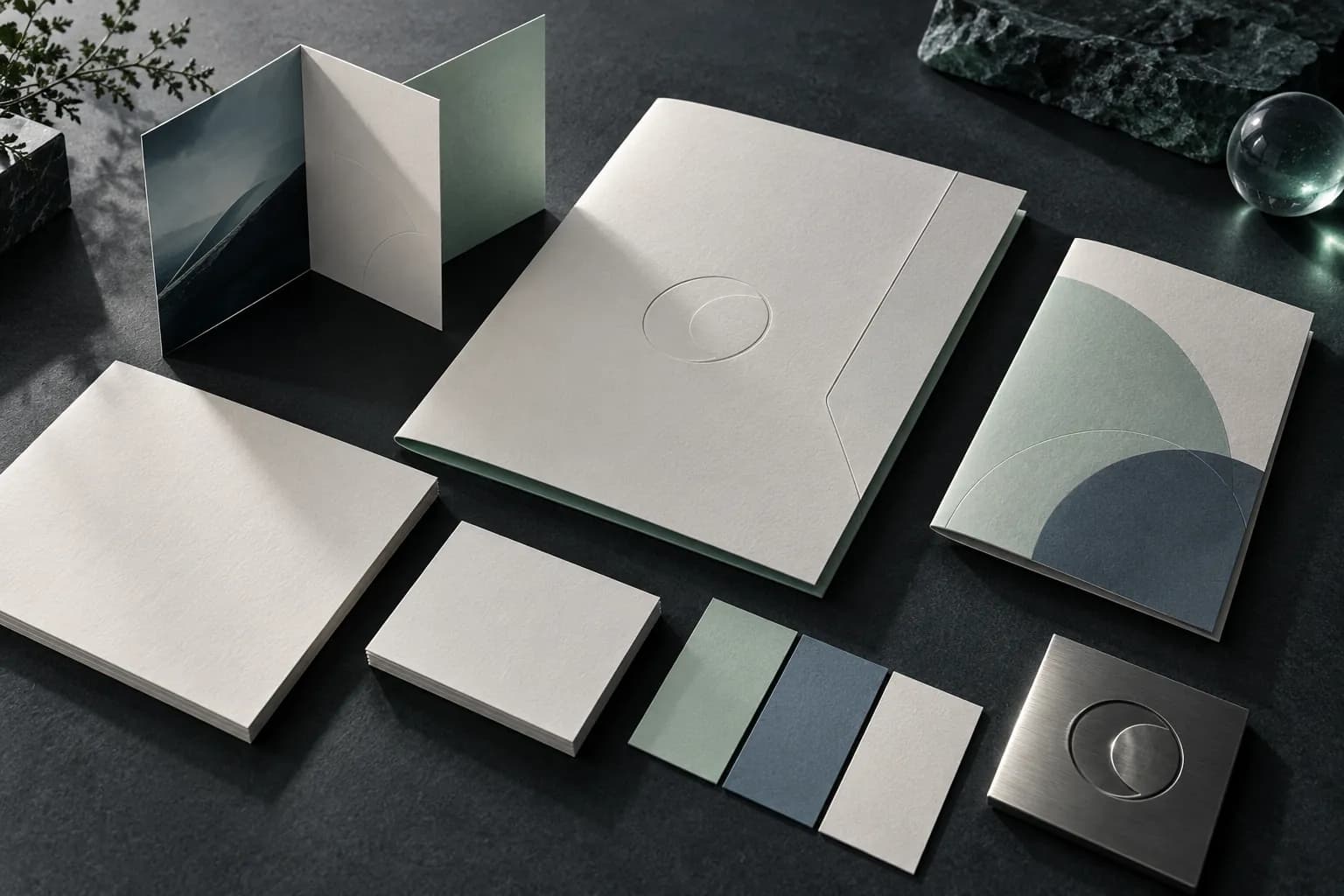 Conceptual brand identity kit with ivory stationery, embossed folders and coordinated colour swatches