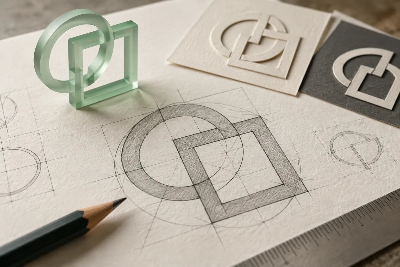 Conceptual logo construction with geometric symbol studies, a pencil and an acrylic emblem