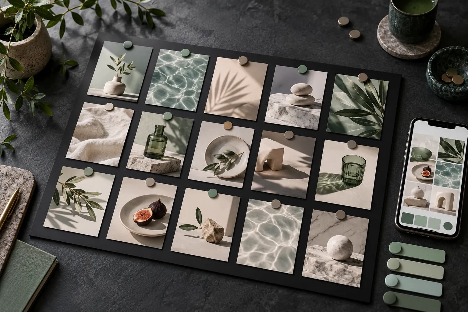 Conceptual social content plan made from editorial photo cards and a smartphone grid