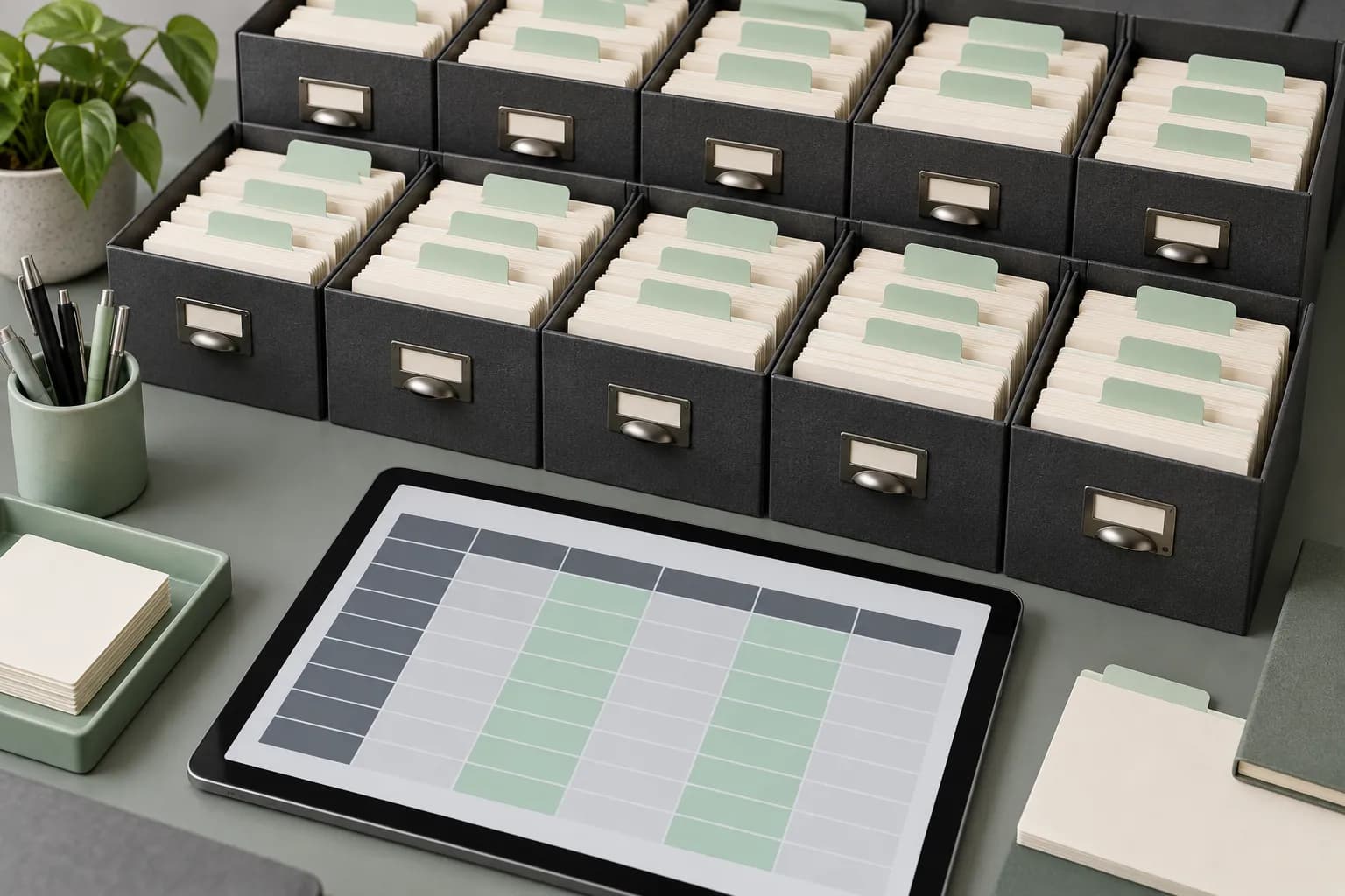 Organised archive boxes, index cards and a tablet displaying an unlabelled records grid