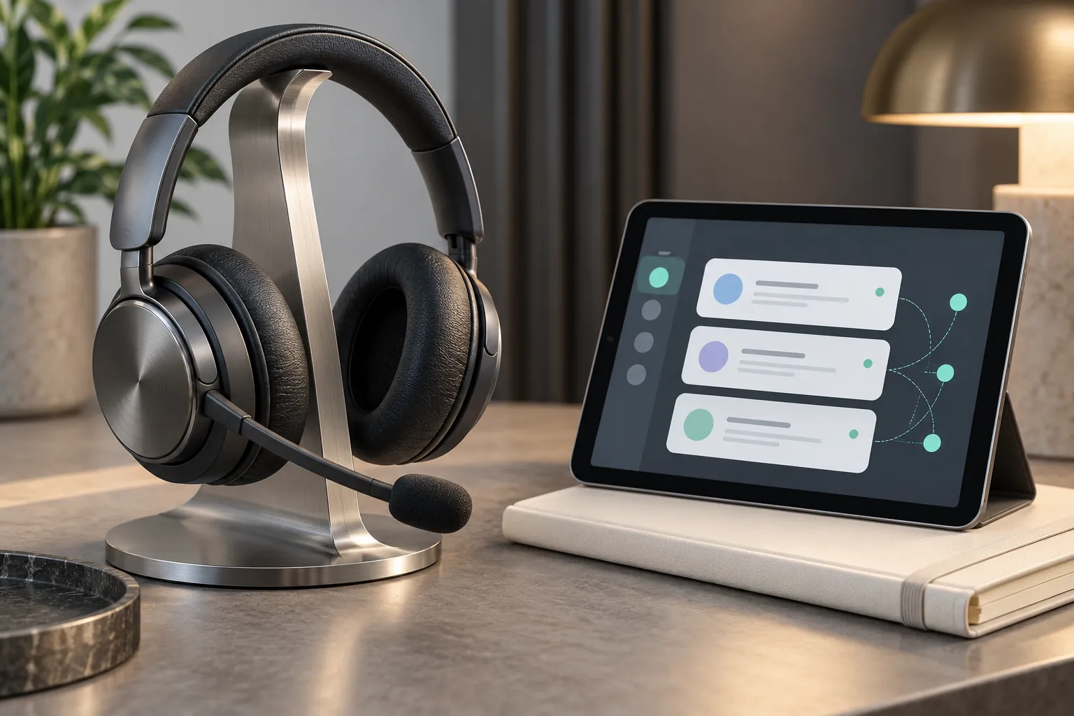 Customer support headset and tablet with an unlabelled conceptual message inbox