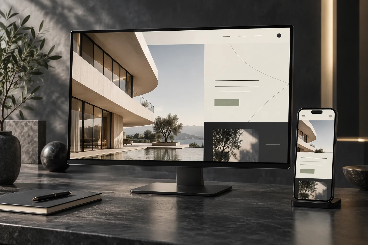 Conceptual responsive business website on a desktop monitor and smartphone