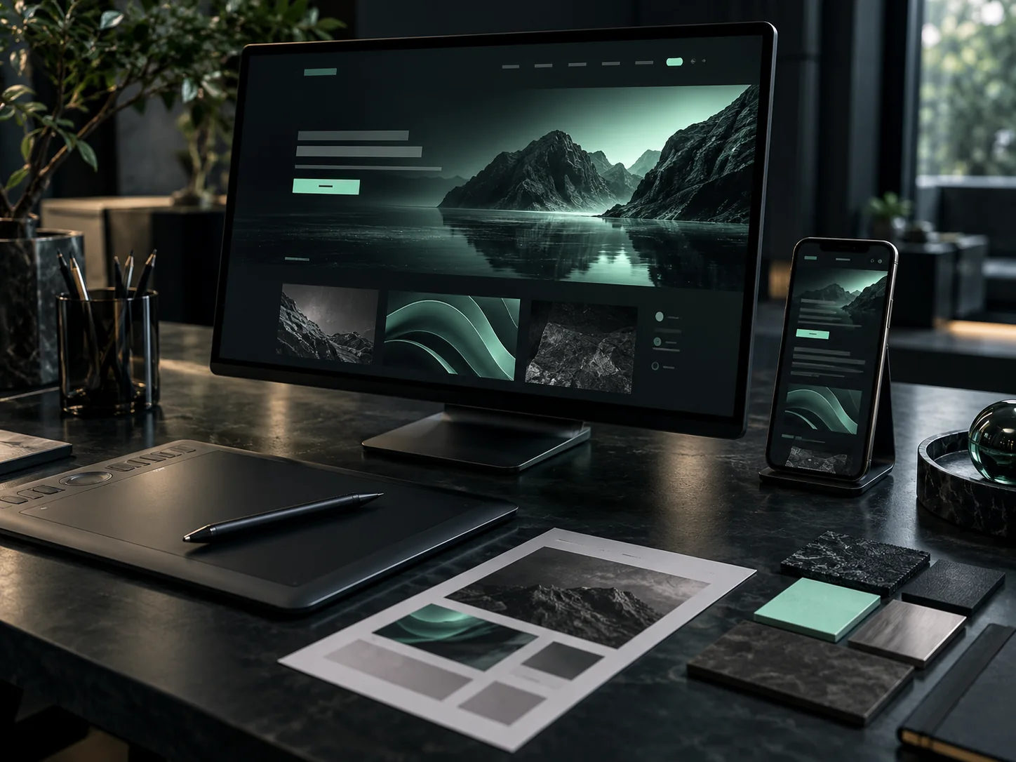 Conceptual design workstation with desktop and mobile prototypes, material swatches and a stylus