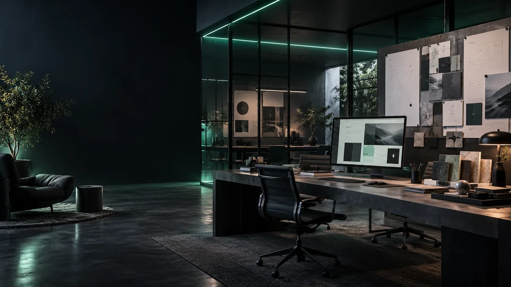 Conceptual digital design studio with a workbench, journey maps and mint-lit glass partitions