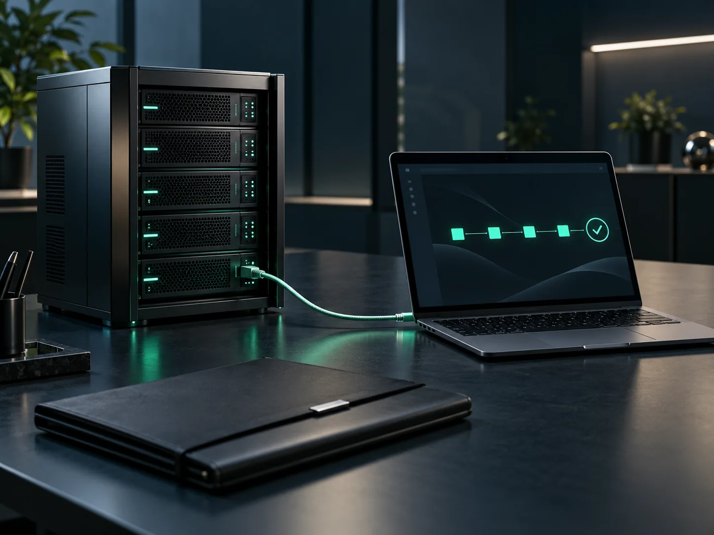 Conceptual deployment workstation with a compact server rack, connected laptop and handover folder