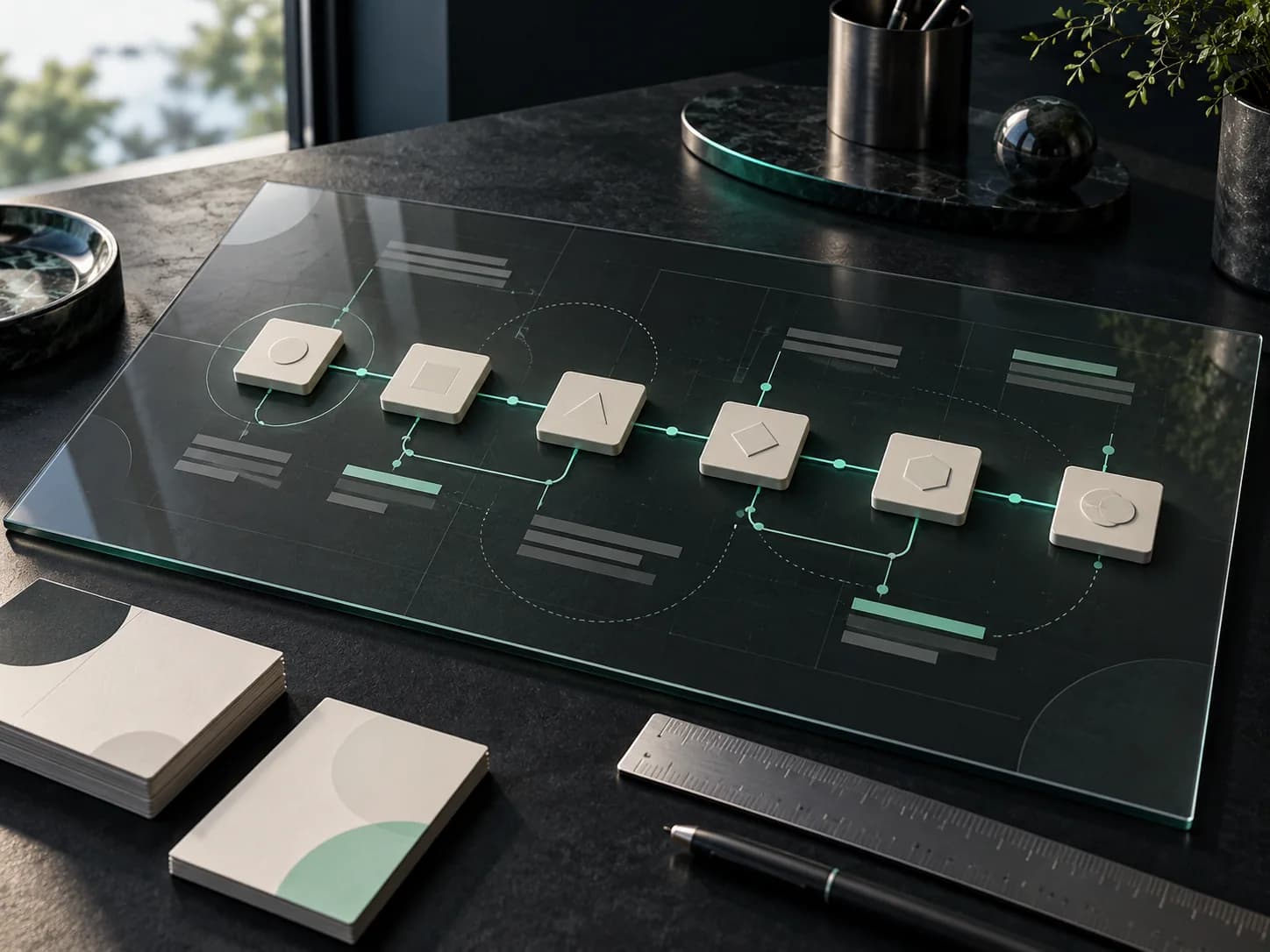 Conceptual project roadmap with milestone blocks and connected mint tracks on smoked glass