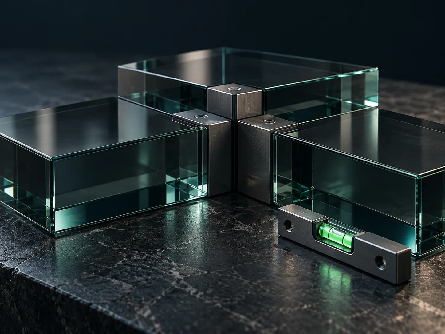 Conceptual glass and graphite structure with precise joints and a level, representing transparency and reliability