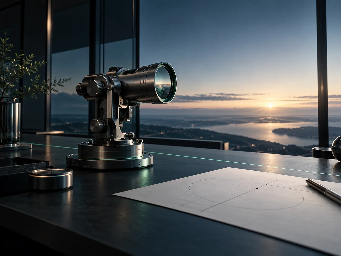 Conceptual precision viewfinder facing an open horizon, representing clear long-term direction