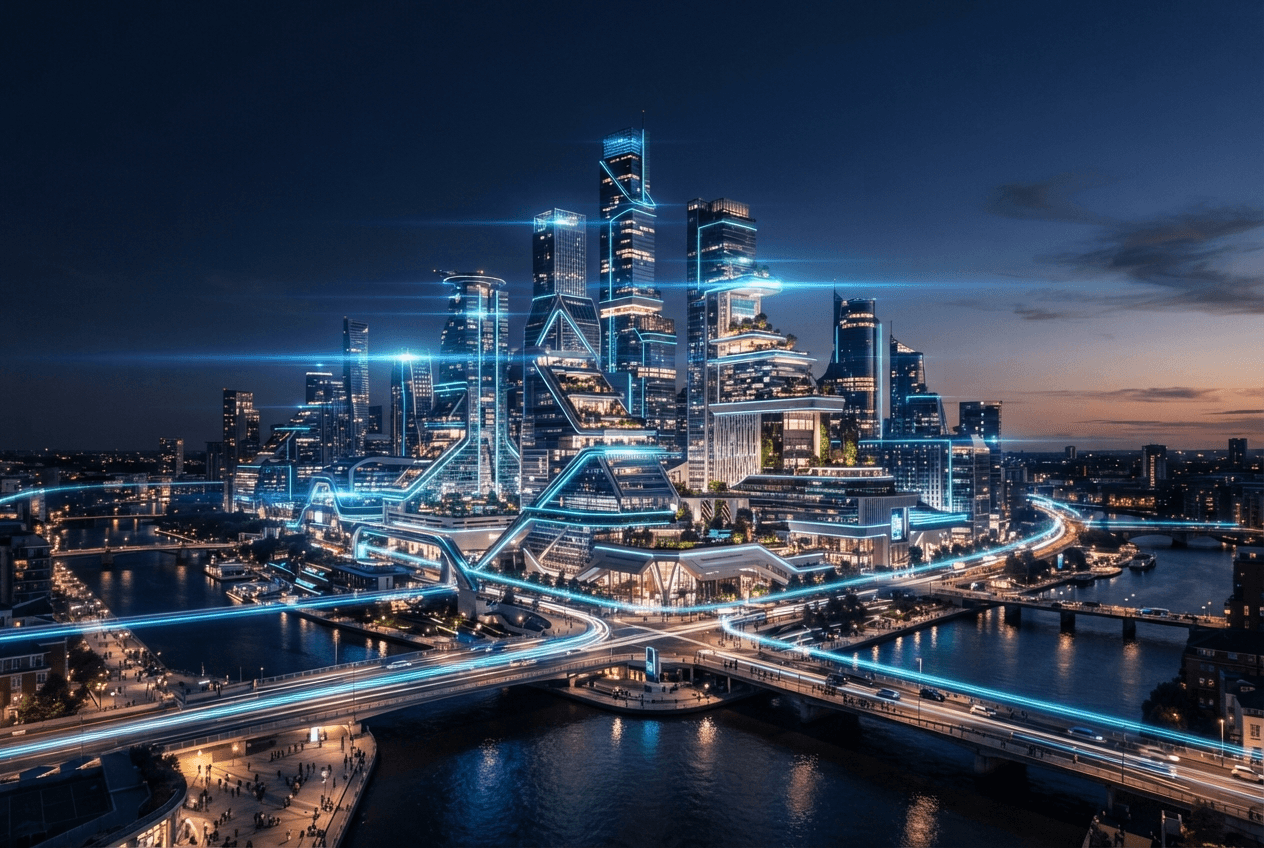 Futuristic city architecture rising into a luminous skyline