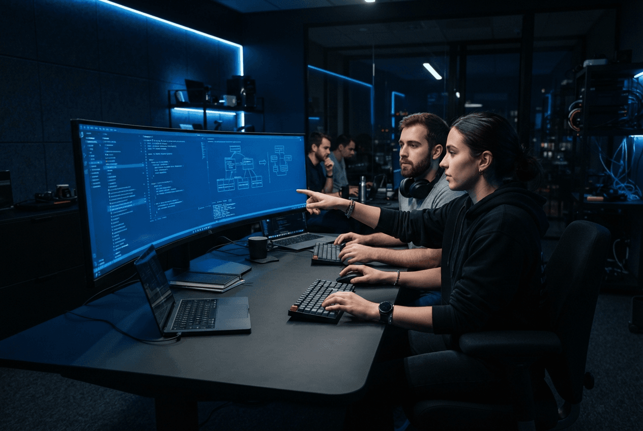 Focused software team reviewing a high-performance digital system