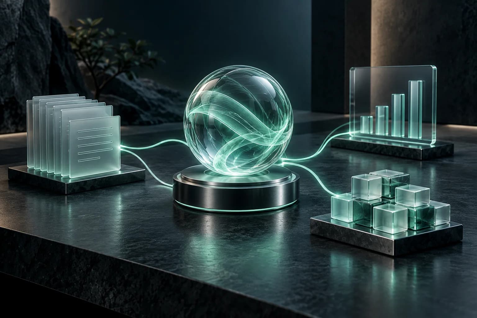 Conceptual glass intelligence core connecting documents, inventory, and business insights with mint light paths