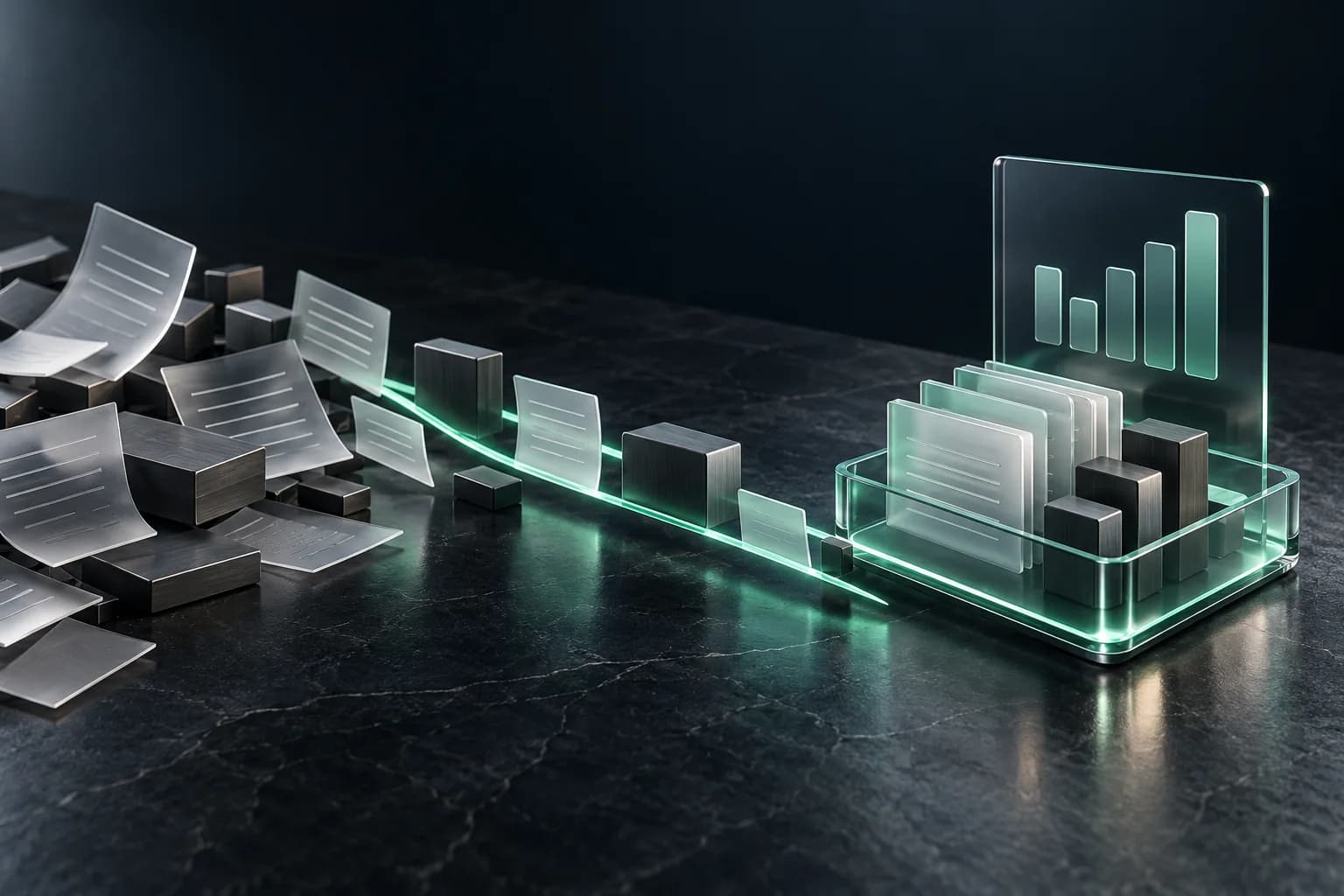 Conceptual frosted document panels and inventory blocks arranged into an orderly business workflow
